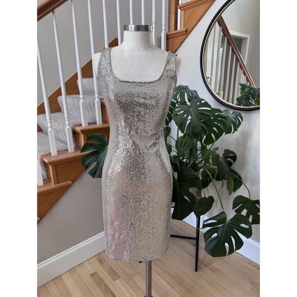 Vintage bebe Y2k Dress Metallic Silver S M Cocktail Bodycon Scoop Tank Club USA - Picture 3 of 9